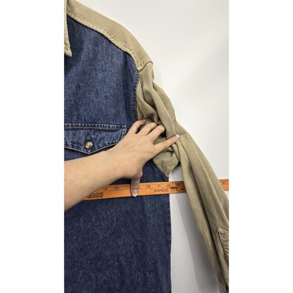 Vintage 90s Union Bay Denim & Corduroy Shirt Men's LG Blue Tan Grunge Western - Picture 9 of 12